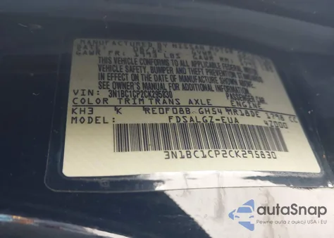 2012 Nissan Versa 1.8 Sl z USA, uszkodzony, nr VIN 3N1BC1CP2CK295830